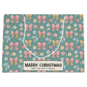 Linten en bloemen Groen Custom Vrolijk Kerstmis Groot Cadeauzakje (Voorkant)