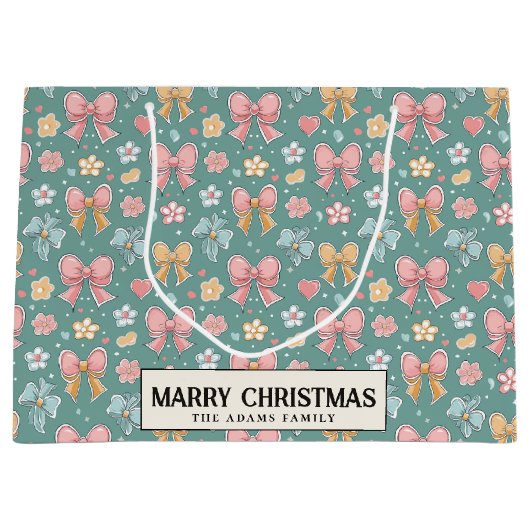 Linten en bloemen Groen Custom Vrolijk Kerstmis Groot Cadeauzakje (Voorkant)