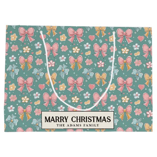 Linten en bloemen Groen Custom Vrolijk Kerstmis Groot Cadeauzakje (Achterkant)