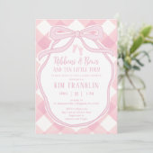 Linten en bogen Pink Gingham Girl Baby shower Kaart (Staand voorkant)