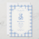 Linten Gingham Franse Teddydbeer Baby Shower Kaart (Voorkant)