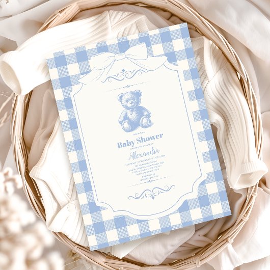 Linten Gingham Franse Teddydbeer Baby Shower Kaart