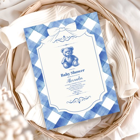 Linten Gingham Franse Teddydbeer Baby Shower Kaart