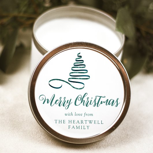 Linten Kerstboom Vrolijk Kerstmis Script Ronde Sticker
