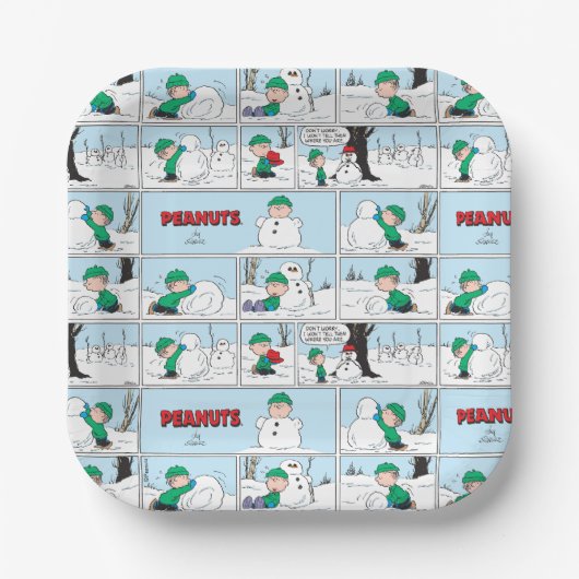 Linus bouwt een sneeuwpop papieren bordje (Voorkant)