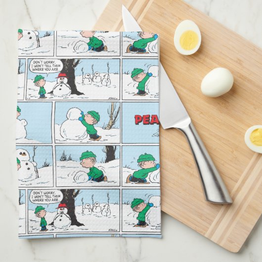 Linus bouwt een sneeuwpop theedoek (Quarter Fold)