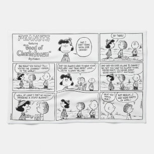 Linus vertelt Lucy dat ze Crabby is Theedoek