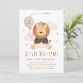 lion 1st birthday blue balloon kaart (Staand voorkant)