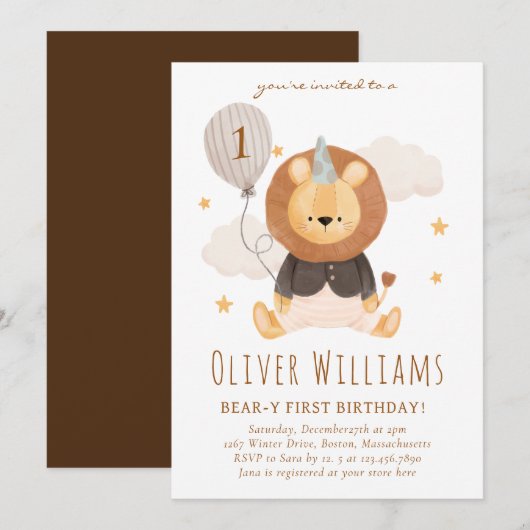 lion 1st birthday blue balloon kaart (Voorkant / Achterkant)