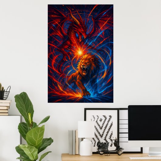 Lion and Dragon Wall Art – Elemental Energy Poster (Thuiskantoor)