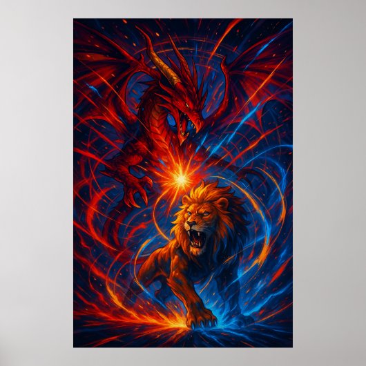 Lion and Dragon Wall Art – Elemental Energy Poster (Voorkant)