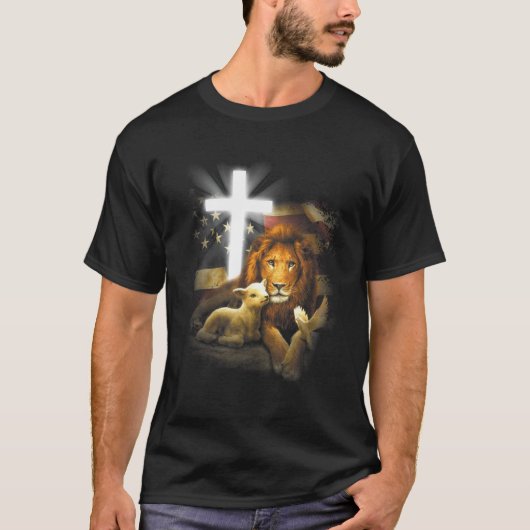 Lion and Lamb Cross Jesus Christus T-shirt (Voorkant)