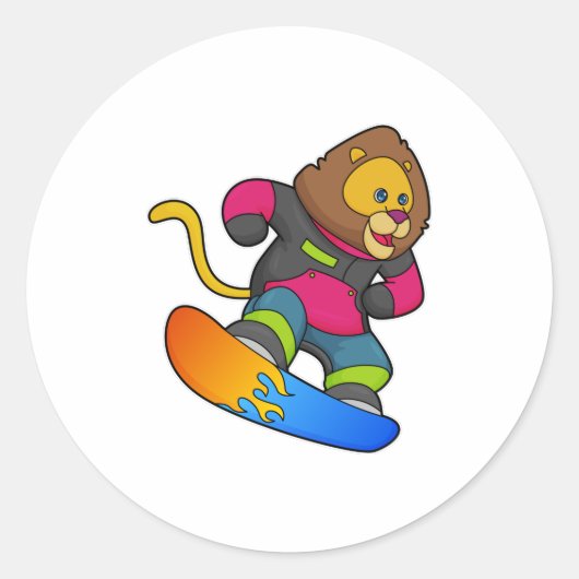 Lion as Snowboarder with Snowboard Ronde Sticker (Voorkant)