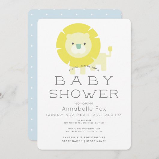 Lion Baby Blue Boy Baby shower Uitnodiging (Voorkant / Achterkant)