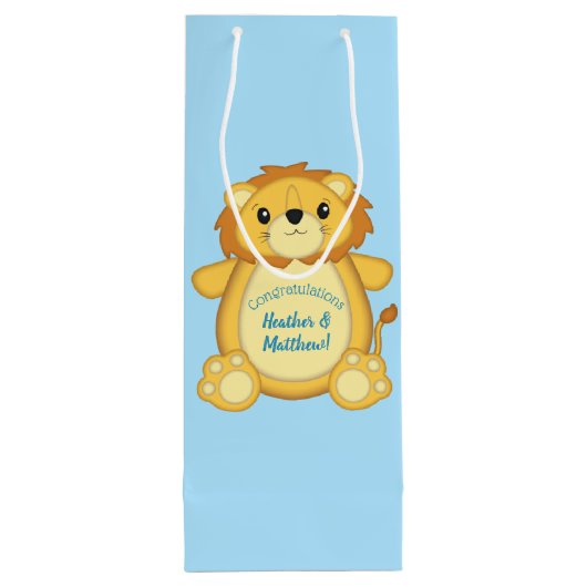 Lion Baby shower Blue Wijn Cadeautas (Achterkant)