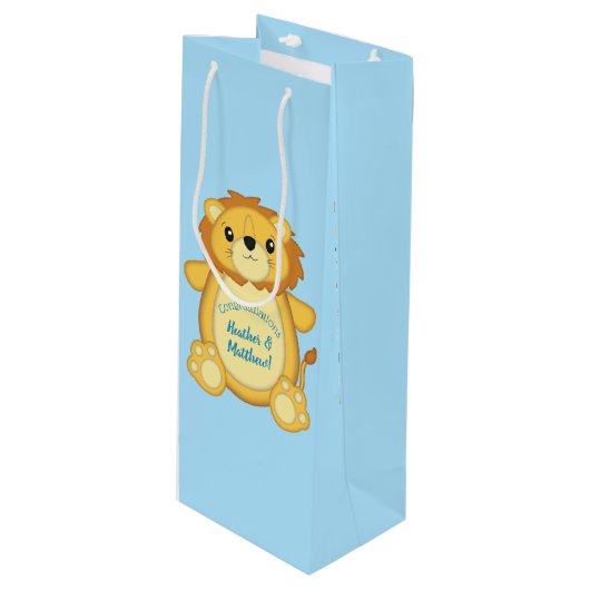Lion Baby shower Blue Wijn Cadeautas (Voorkant Gekanteld)