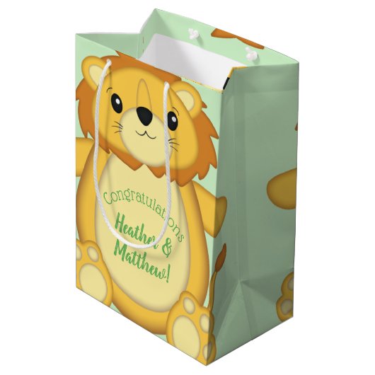 Lion Baby shower Green Medium Cadeauzakje (Achterkant Gekanteld)