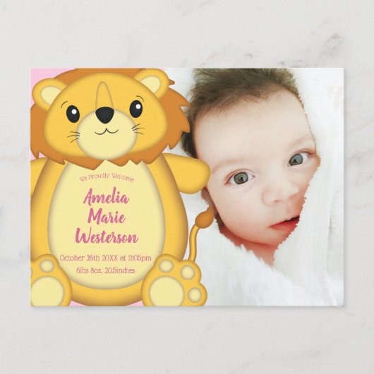 Lion Baby shower Roze Briefkaart (Voorkant)