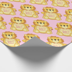 Lion Baby shower Roze Cadeaupapier