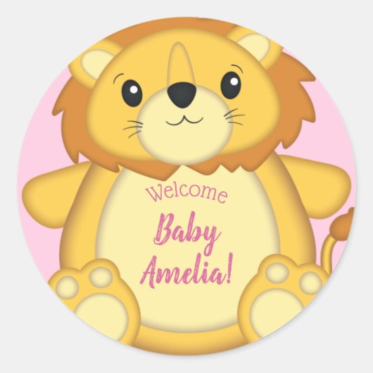 Lion Baby shower Roze Ronde Sticker (Voorkant)