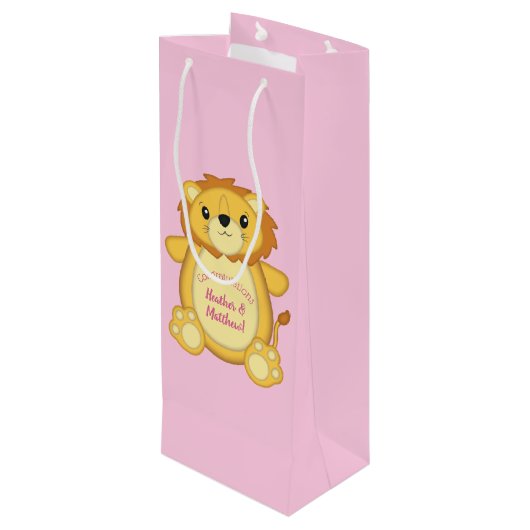 Lion Baby shower Roze Wijn Cadeautas (Achterkant Gekanteld)