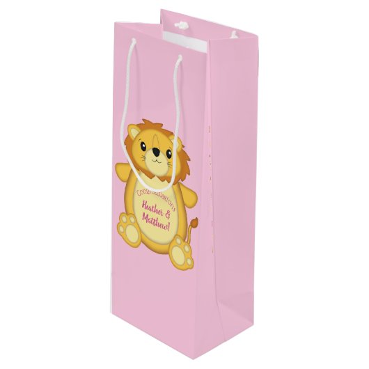 Lion Baby shower Roze Wijn Cadeautas (Voorkant Gekanteld)