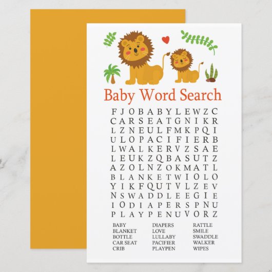 Lion Baby shower Word Search Game (Voorkant / Achterkant)