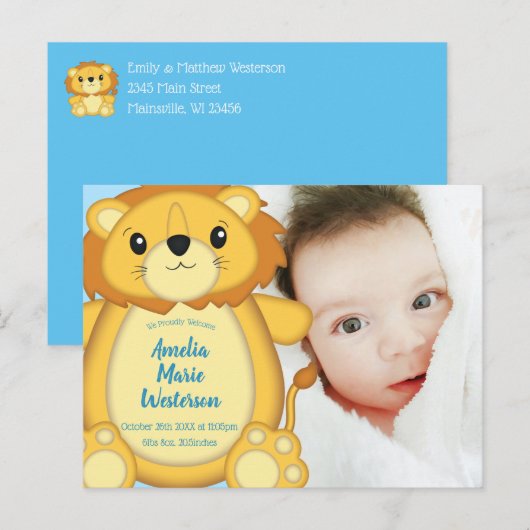 Lion Baby shower Zoo Circus Blue Boy Briefkaart (Voorkant / Achterkant)
