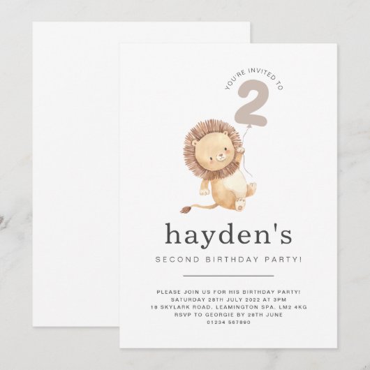 Lion Balloon 2e verjaardag Uitnodiging (Voorkant / Achterkant)