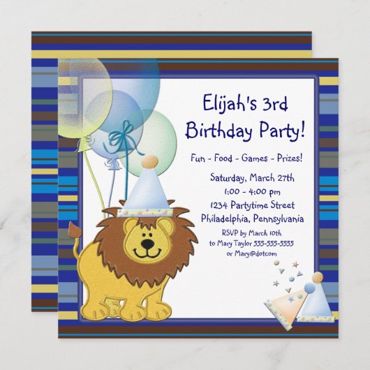 Lion Balloons Boy 3e verjaardag Uitnodiging (Voorkant / Achterkant)