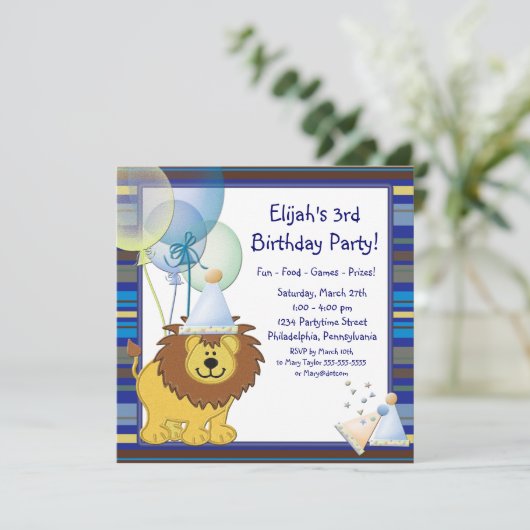 Lion Balloons Boy 3e verjaardag Uitnodiging (Staand voorkant)