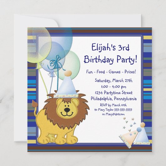 Lion Balloons Boy 3e verjaardag Uitnodiging (Voorkant)
