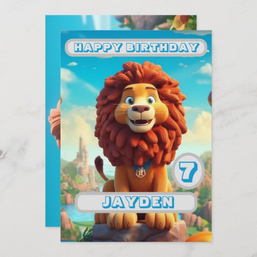 Lion Birthday Kaart Gepersonaliseerde Kinder naam  (Voorkant / Achterkant)