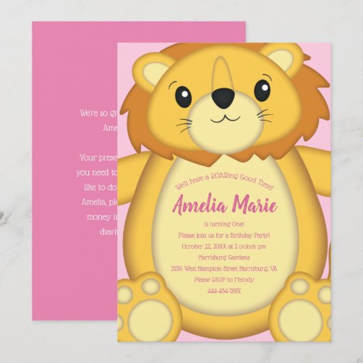 Lion Birthday Party Pink Kaart (Voorkant / Achterkant)