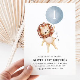 Lion Blue Balloon 1st Birthday Party Kaart