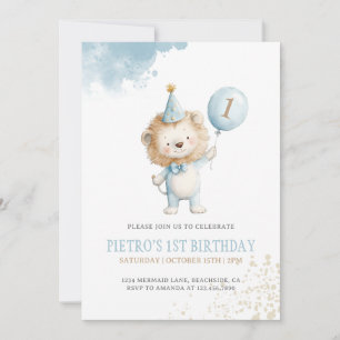 Lion Blue Balloon 1st Birthday Party Kaart