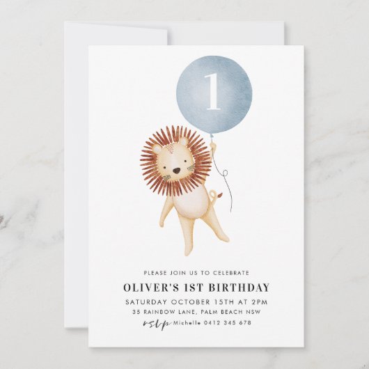 Lion Blue Balloon 1st Birthday Party Kaart (Voorkant)