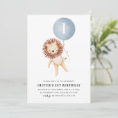 Lion Blue Balloon 1st Birthday Party Kaart (Staand voorkant)