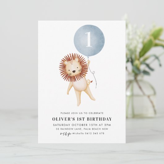 Lion Blue Balloon 1st Birthday Party Kaart (Staand voorkant)