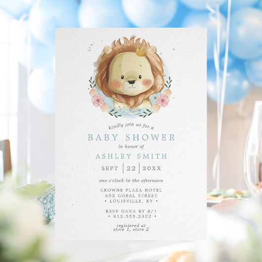 Lion Blue Floral Baby shower Kaart