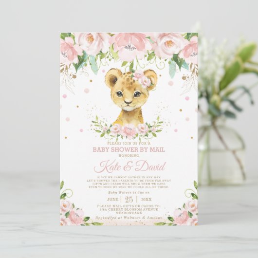 Lion Blush Floral Virtual Baby shower per Mail Kaart (Staand voorkant)