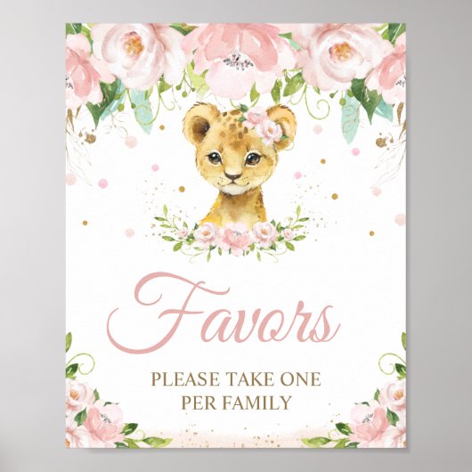 Lion Blush Pink Floral Baby shower Birthday Favor Poster (Voorkant)