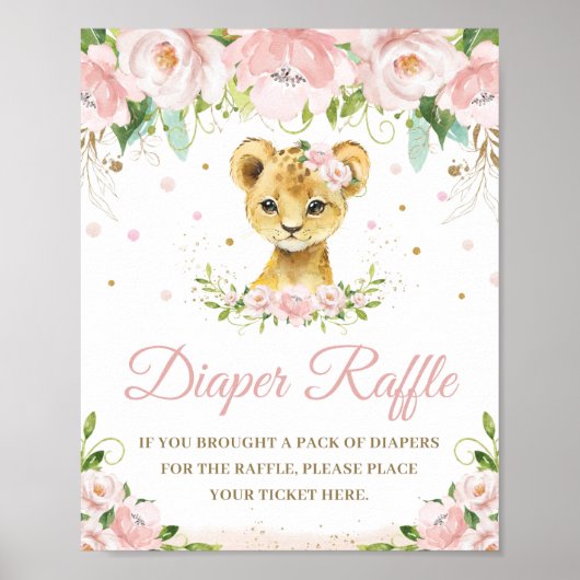 Lion Blush Pink Floral Baby shower Diaper Raffle Poster (Voorkant)