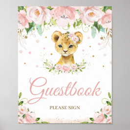 Lion Blush Pink Floral Baby shower Guestbook Poster
