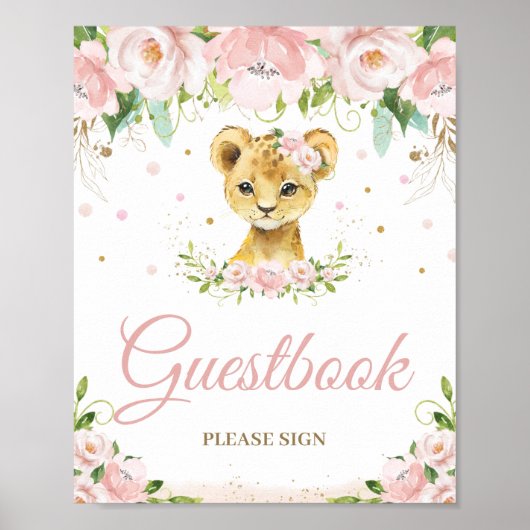 Lion Blush Pink Floral Baby shower Guestbook Poster (Voorkant)