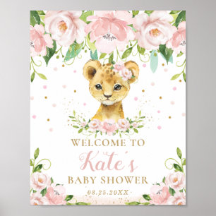 Lion Blush Pink Floral Baby shower Welkom Poster
