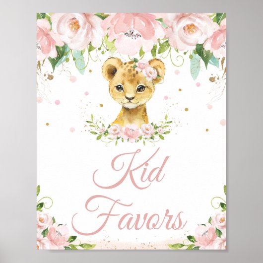 Lion Blush Pink Floral Birthday Kind Favors Poster (Voorkant)