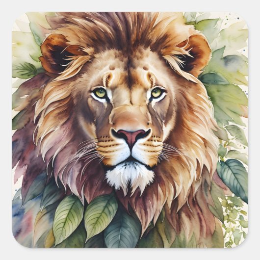 Lion Botanische Waterverf Kunst Vierkante Sticker (Voorkant)