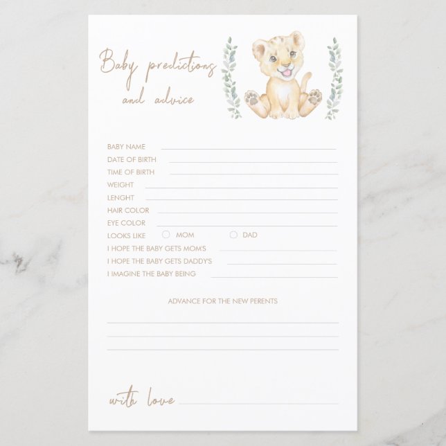 Lion Boy Baby shower voorspellingen en advies Kaar (Voorkant)