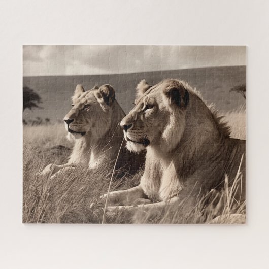 Lion Brothers rusten in de zon - zwart en wit Legpuzzel (Horizontaal)